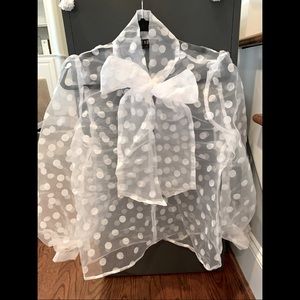 Sheer white polka dot top - with bow tie neck - trendy puff sleeve - size M